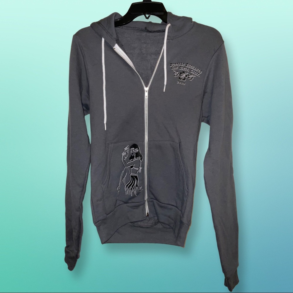 Grey Zip Hoodie with Hula Girl Print by American Apparel